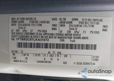 2020 Ford Transit-250 z USA, uszkodzony, nr VIN 1FTBR2C87LKA31072